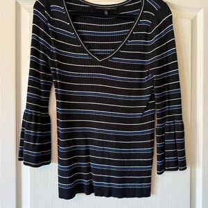 White House Black Market Women's Black Striped V-Neck Bell Sleeve Top